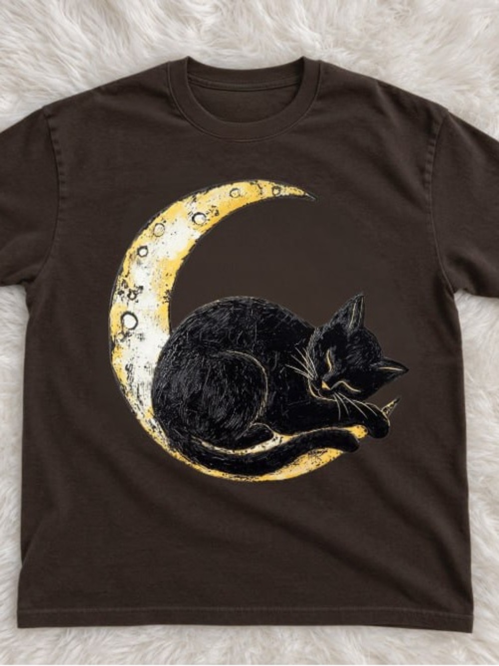 Black Cat on Yellow Crescent Moon Gildan Brown Tee wGraphic